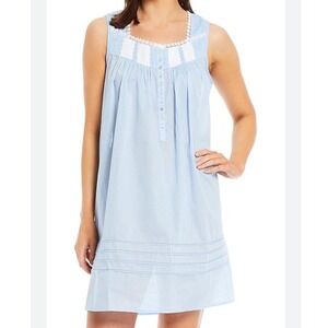 Eileen West Blue Striped Cotton Blend Nightgown Lace Trim Buttons Medium